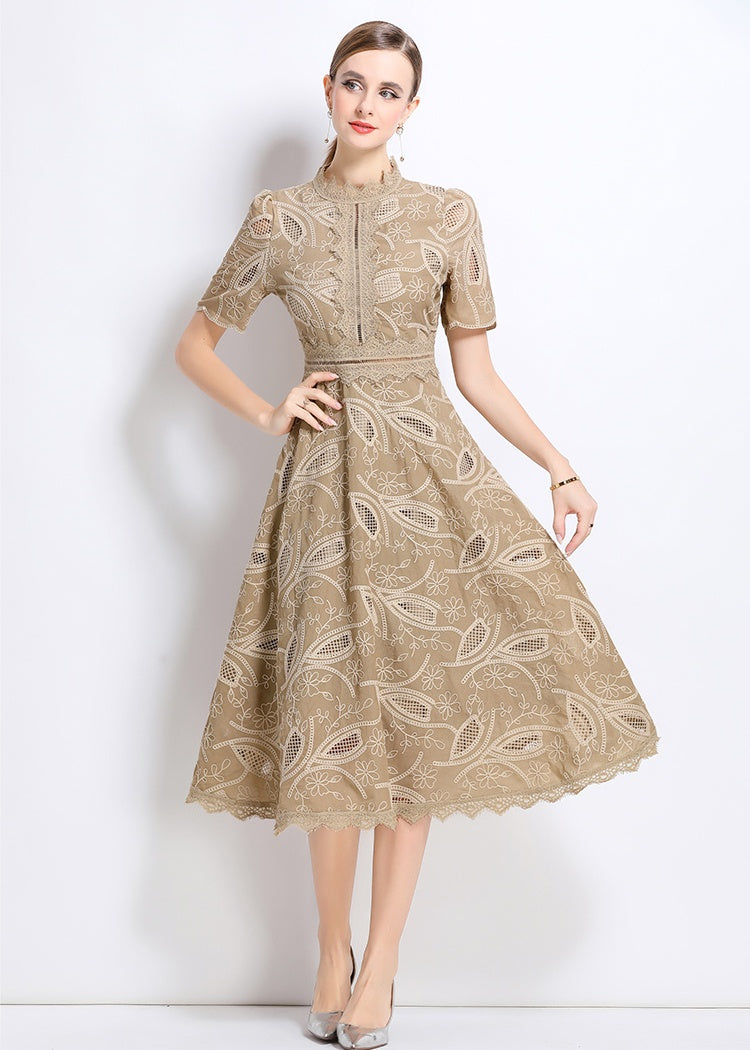 CM-DY048400 Women Elegant European Style Stand Collar Short Sleeve Long Crochet Dress - Camel