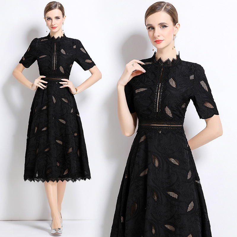 CM-DY048401 Women Elegant European Style Stand Collar Short Sleeve Long Crochet Dress - Black