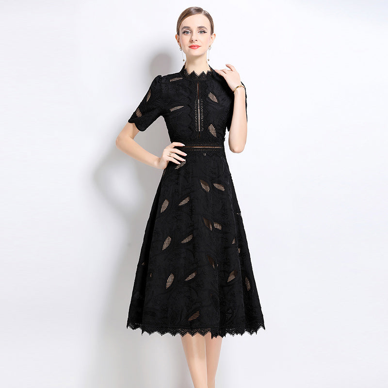 CM-DY048401 Women Elegant European Style Stand Collar Short Sleeve Long Crochet Dress - Black