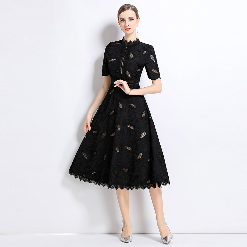CM-DY048401 Women Elegant European Style Stand Collar Short Sleeve Long Crochet Dress - Black