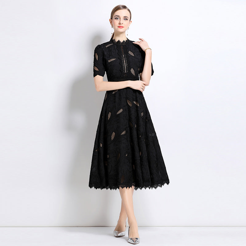 CM-DY048401 Women Elegant European Style Stand Collar Short Sleeve Long Crochet Dress - Black