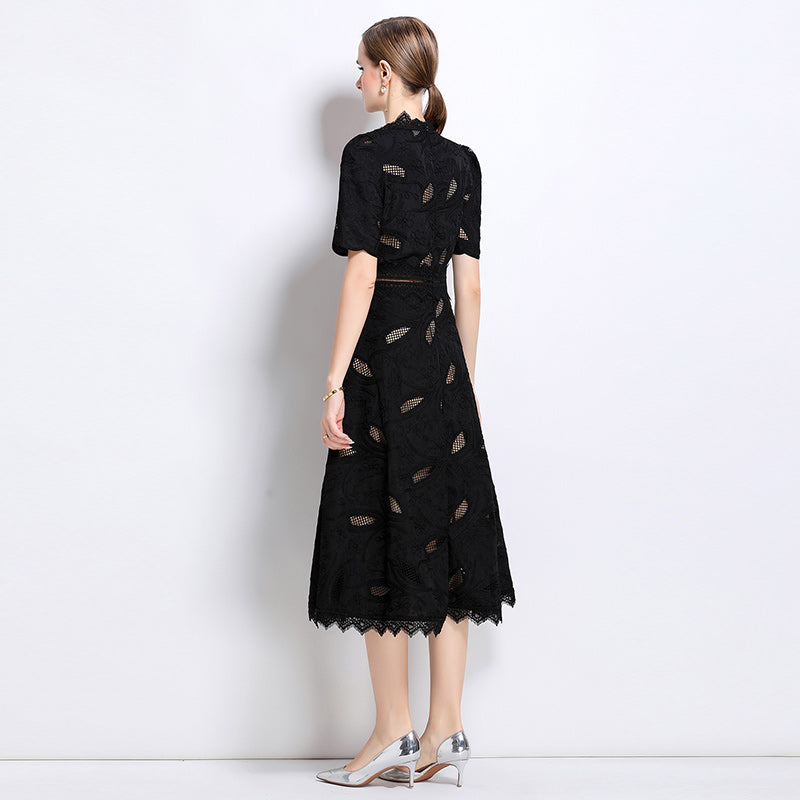 CM-DY048401 Women Elegant European Style Stand Collar Short Sleeve Long Crochet Dress - Black