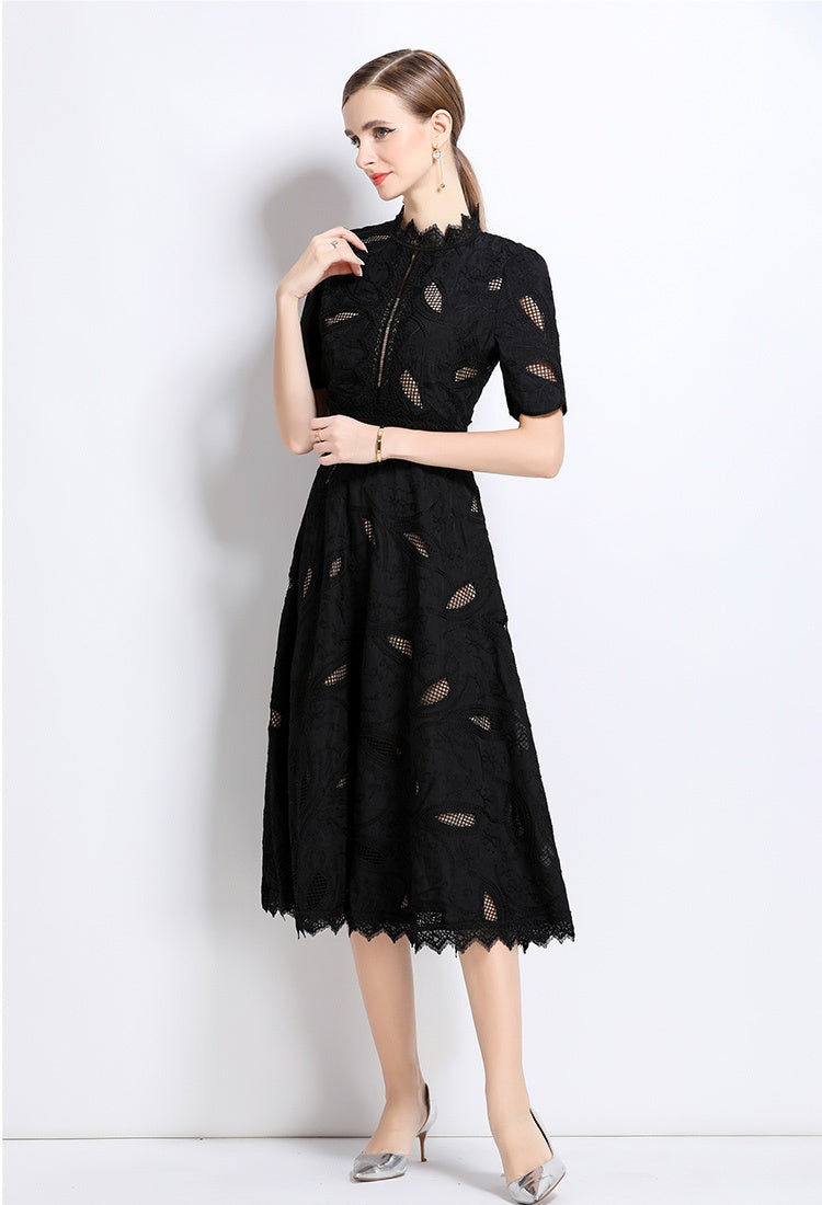 CM-DY048401 Women Elegant European Style Stand Collar Short Sleeve Long Crochet Dress - Black