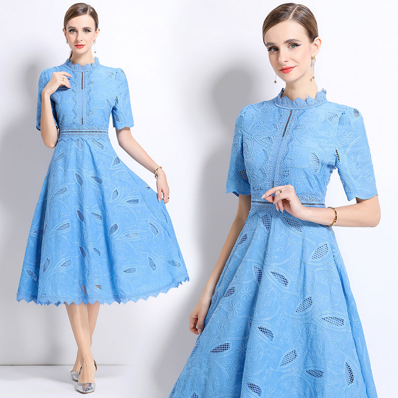 CM-DY048402 Women Elegant European Style Stand Collar Short Sleeve Long Crochet Dress - Navy Blue