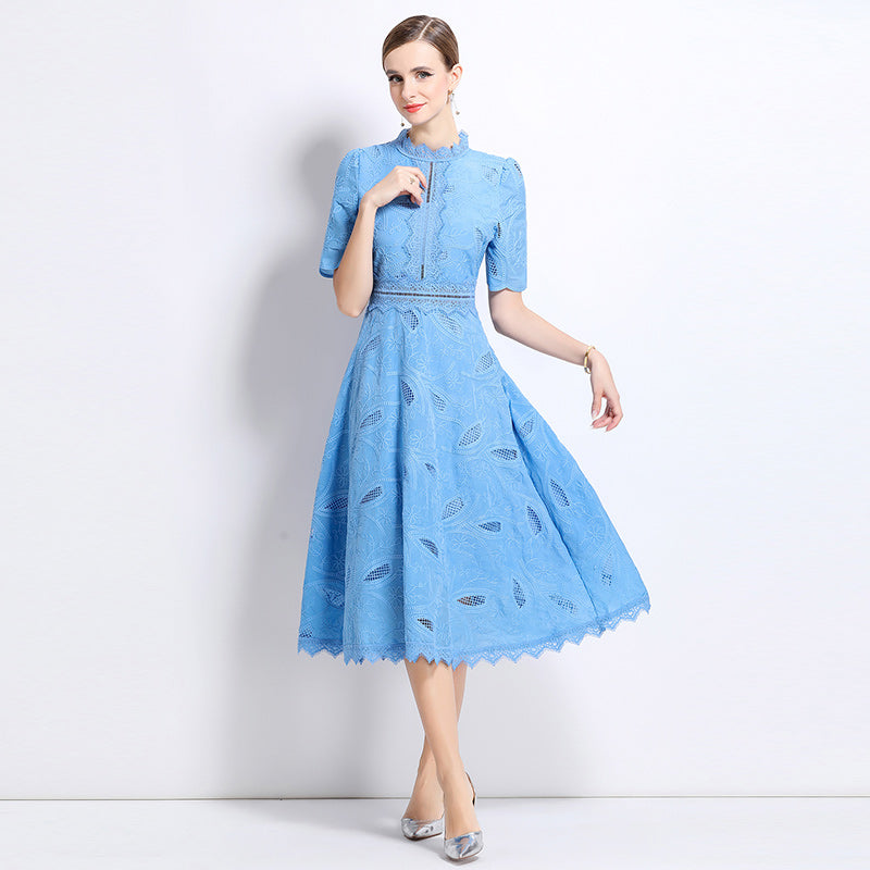 CM-DY048402 Women Elegant European Style Stand Collar Short Sleeve Long Crochet Dress - Navy Blue