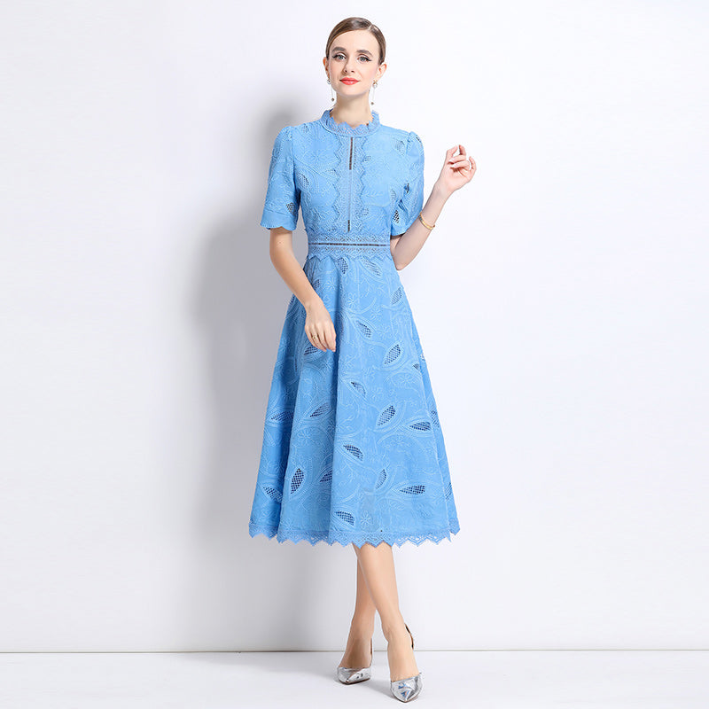 CM-DY048402 Women Elegant European Style Stand Collar Short Sleeve Long Crochet Dress - Navy Blue