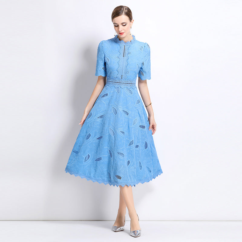 CM-DY048402 Women Elegant European Style Stand Collar Short Sleeve Long Crochet Dress - Navy Blue