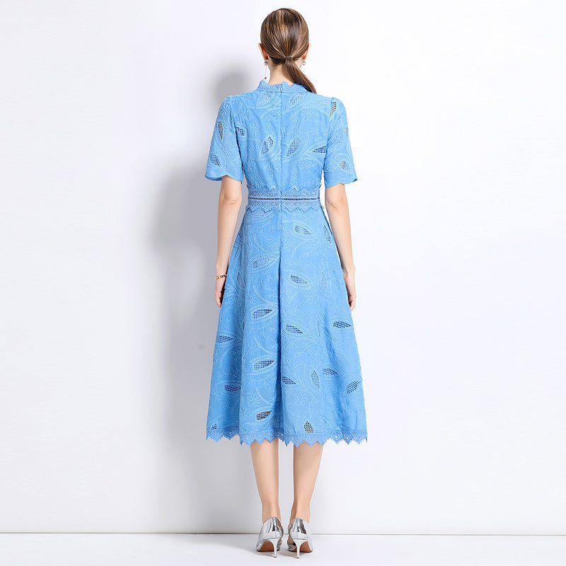 CM-DY048402 Women Elegant European Style Stand Collar Short Sleeve Long Crochet Dress - Navy Blue