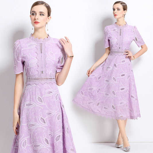 CM-DY048403 Women Elegant European Style Stand Collar Short Sleeve Long Crochet Dress - Light Purple