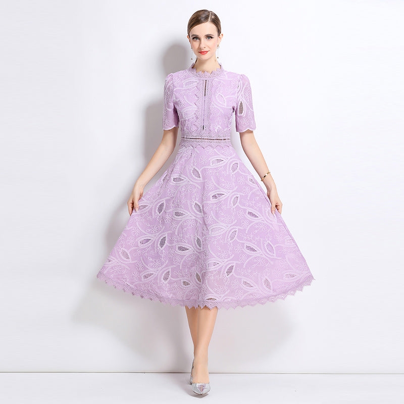 CM-DY048403 Women Elegant European Style Stand Collar Short Sleeve Long Crochet Dress - Light Purple
