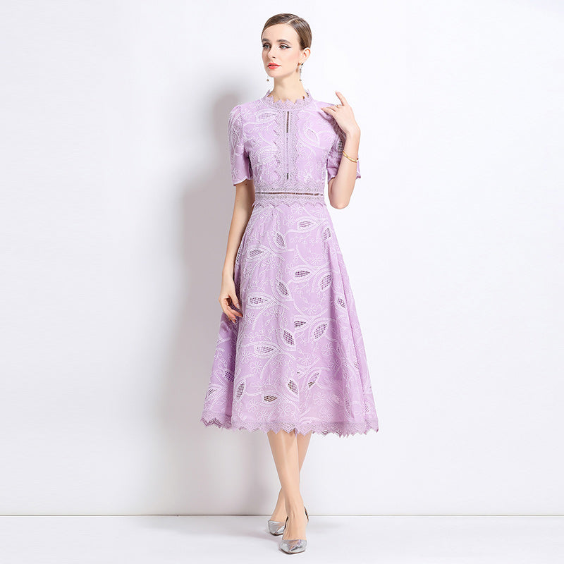 CM-DY048403 Women Elegant European Style Stand Collar Short Sleeve Long Crochet Dress - Light Purple