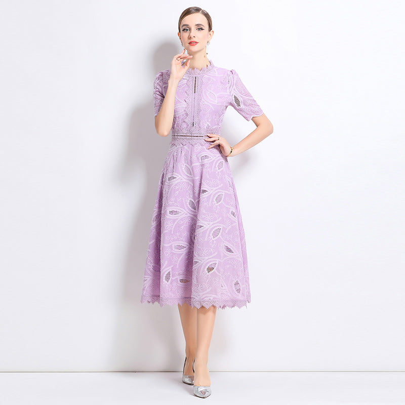 CM-DY048403 Women Elegant European Style Stand Collar Short Sleeve Long Crochet Dress - Light Purple