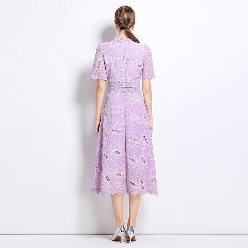 CM-DY048403 Women Elegant European Style Stand Collar Short Sleeve Long Crochet Dress - Light Purple