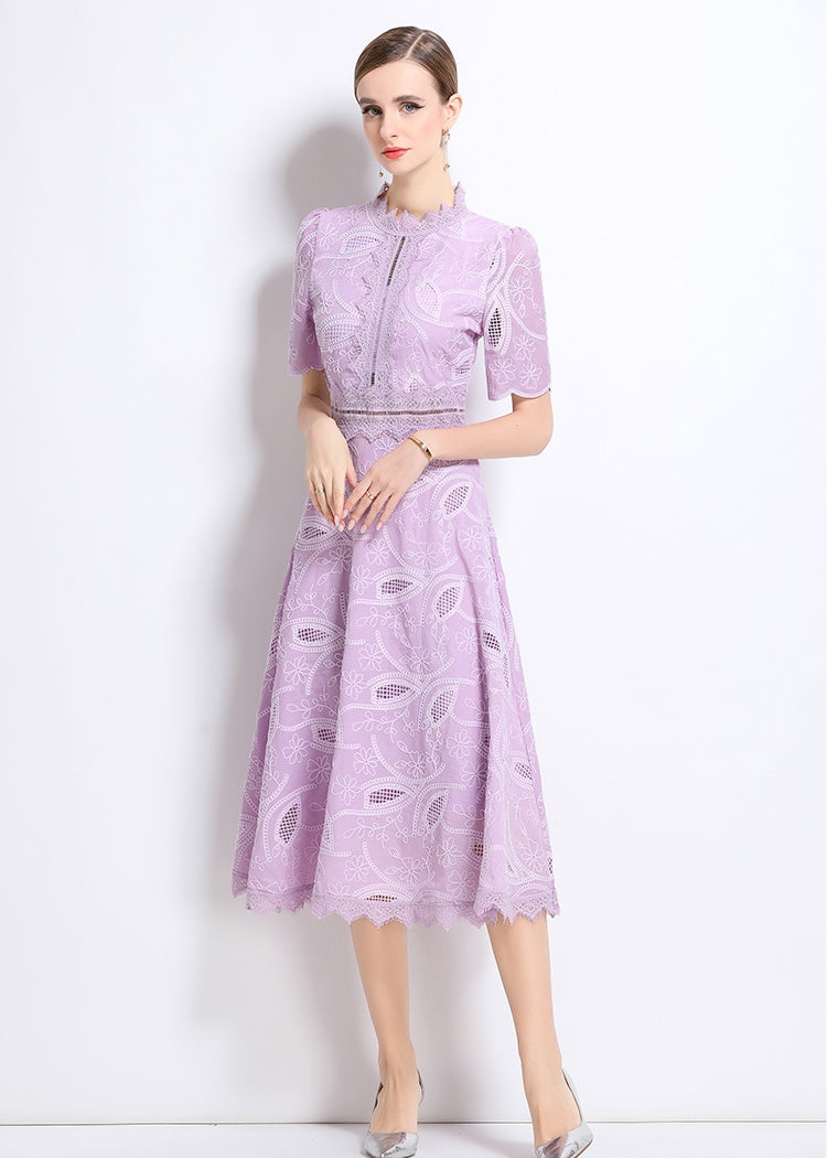 CM-DY048403 Women Elegant European Style Stand Collar Short Sleeve Long Crochet Dress - Light Purple
