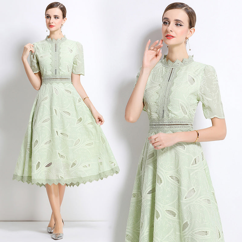 CM-DY048404 Women Elegant European Style Stand Collar Short Sleeve Long Crochet Dress - Light Green