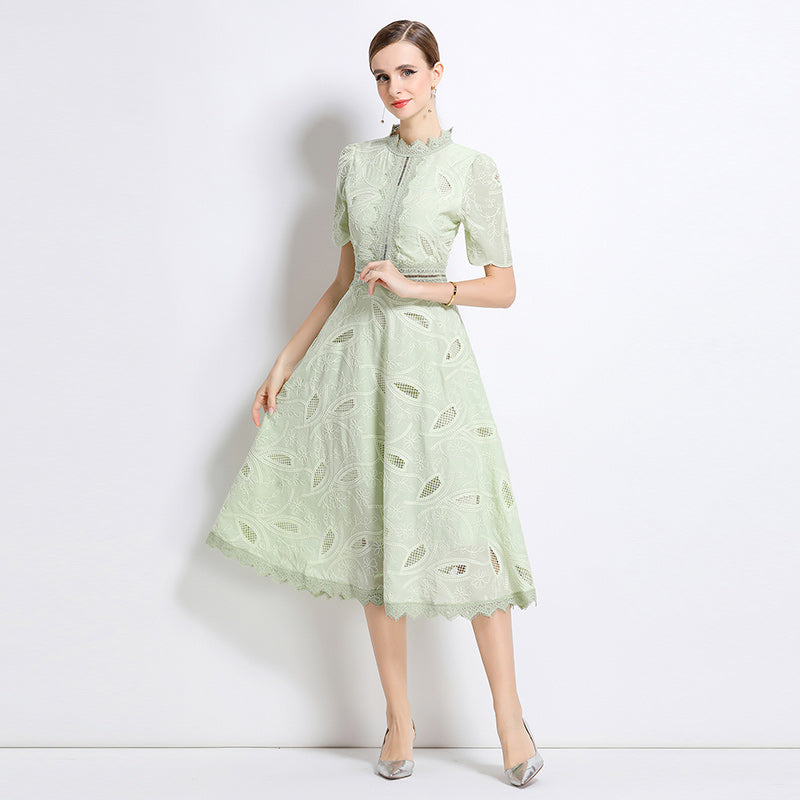 CM-DY048404 Women Elegant European Style Stand Collar Short Sleeve Long Crochet Dress - Light Green