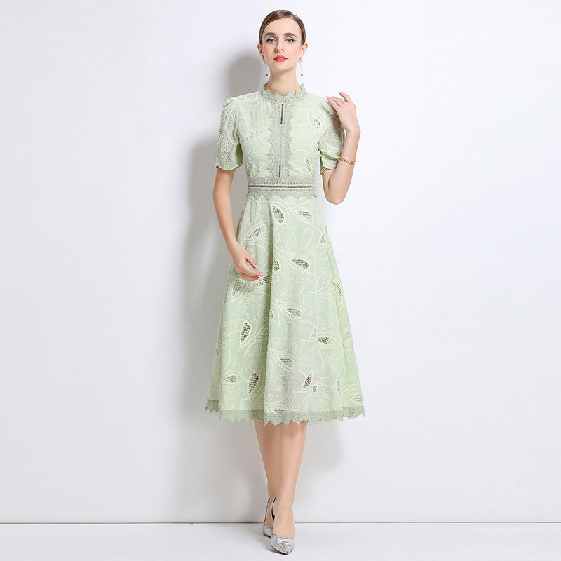 CM-DY048404 Women Elegant European Style Stand Collar Short Sleeve Long Crochet Dress - Light Green