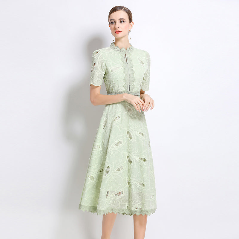CM-DY048404 Women Elegant European Style Stand Collar Short Sleeve Long Crochet Dress - Light Green