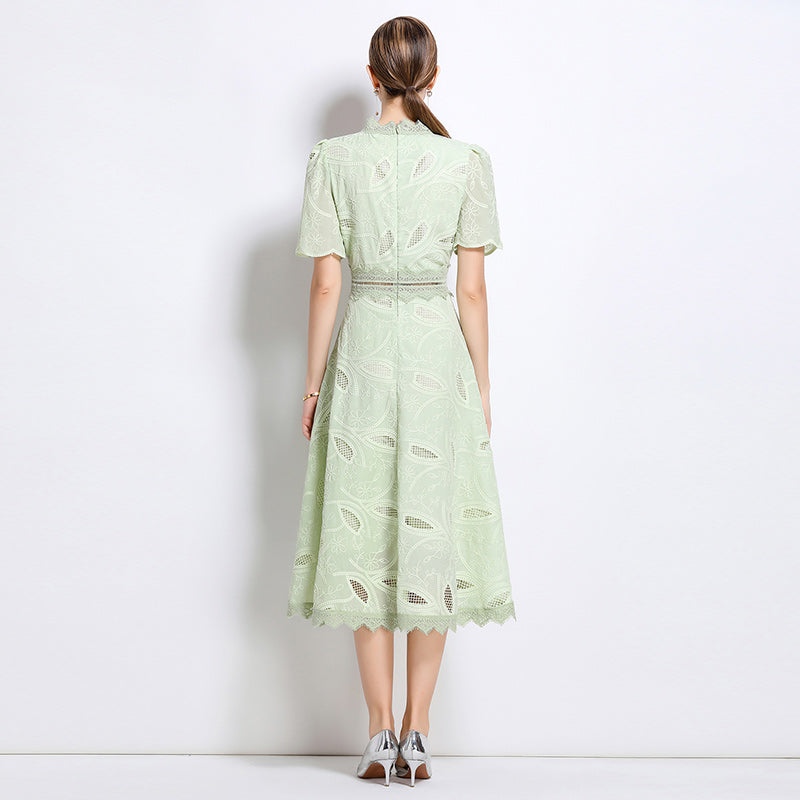 CM-DY048404 Women Elegant European Style Stand Collar Short Sleeve Long Crochet Dress - Light Green