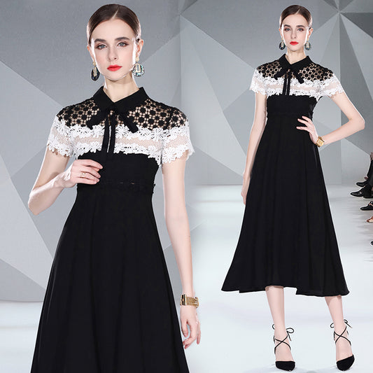 CM-DY048413 Women Elegant European Style Chiffon Lace Hollow Collar Neckline Short Sleeve Dress - Black