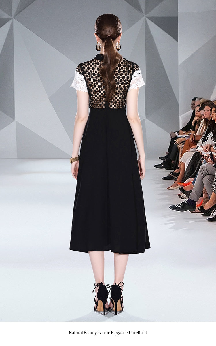 CM-DY048413 Women Elegant European Style Chiffon Lace Hollow Collar Neckline Short Sleeve Dress - Black