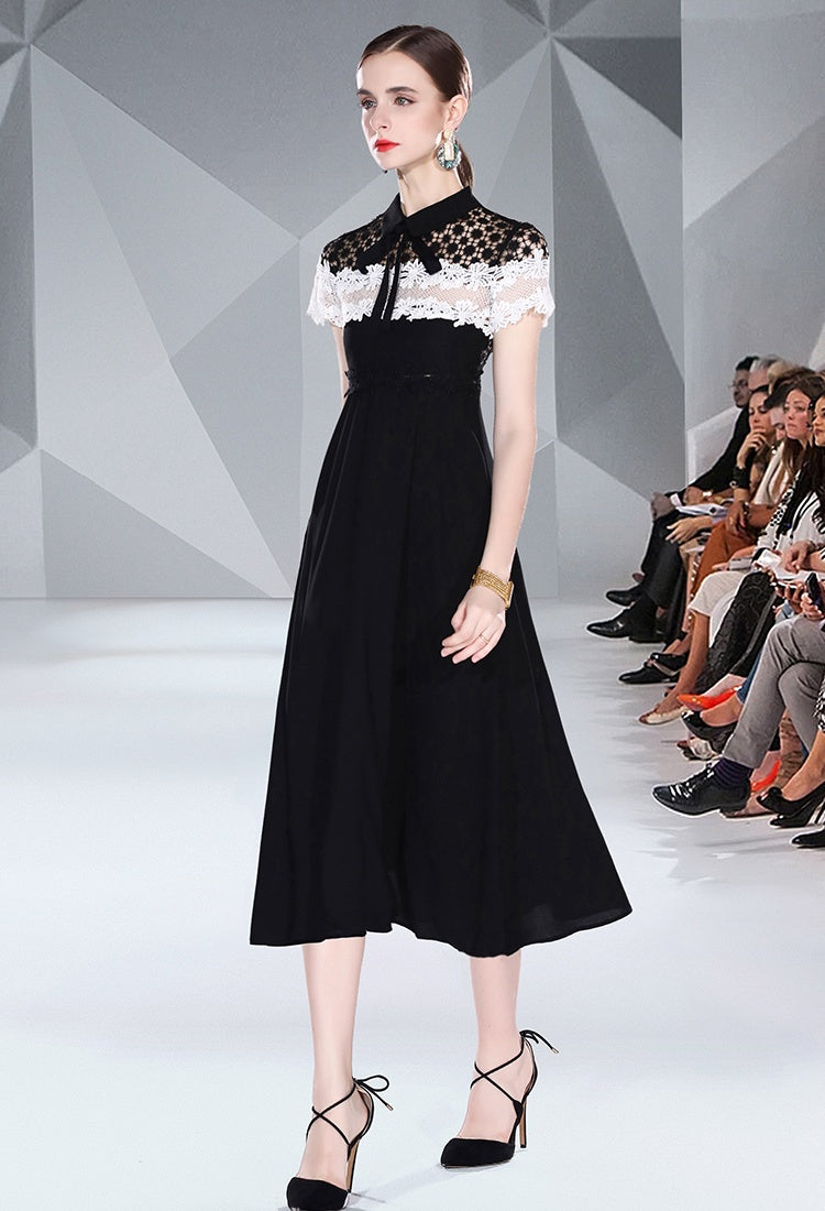CM-DY048413 Women Elegant European Style Chiffon Lace Hollow Collar Neckline Short Sleeve Dress - Black
