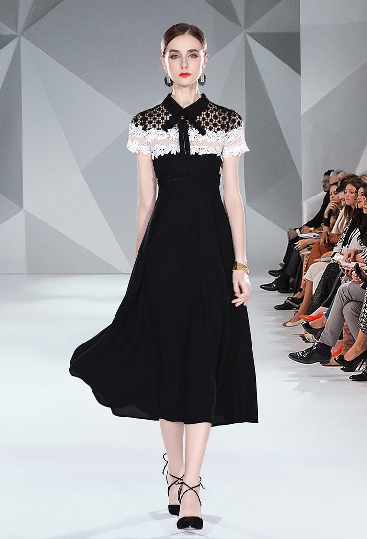 CM-DY048413 Women Elegant European Style Chiffon Lace Hollow Collar Neckline Short Sleeve Dress - Black