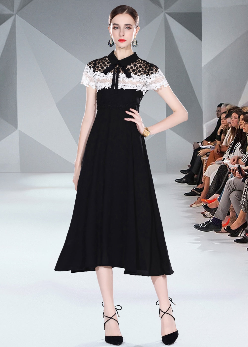 CM-DY048413 Women Elegant European Style Chiffon Lace Hollow Collar Neckline Short Sleeve Dress - Black