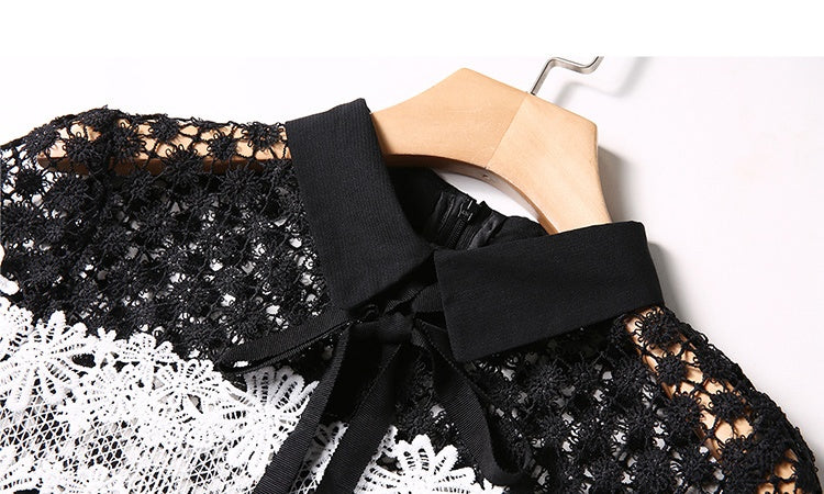 CM-DY048413 Women Elegant European Style Chiffon Lace Hollow Collar Neckline Short Sleeve Dress - Black
