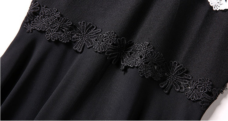 CM-DY048413 Women Elegant European Style Chiffon Lace Hollow Collar Neckline Short Sleeve Dress - Black