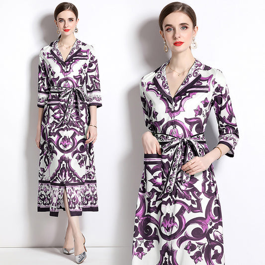 CM-DY048472 Women Elegant European Style All-Over Print Collar Neckline Short Sleeve Mid-Length Dress - Purple