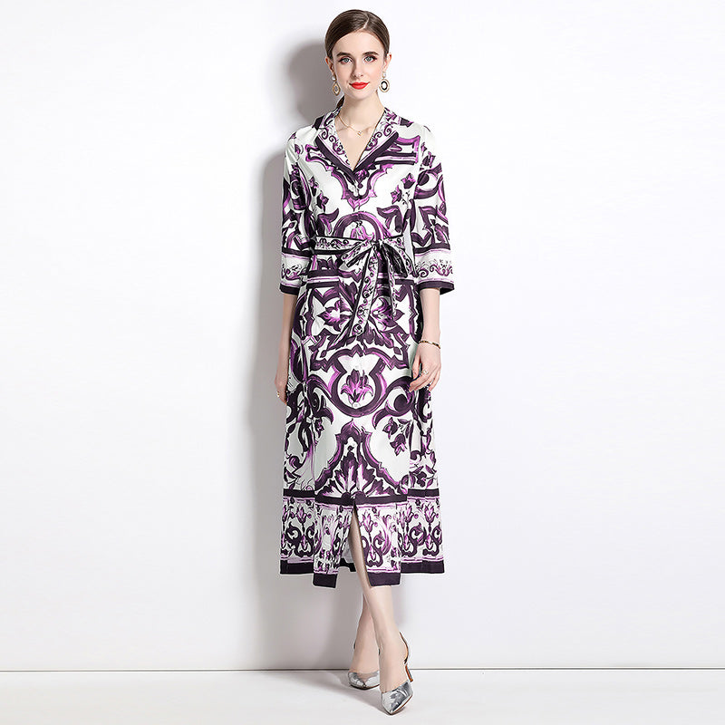 CM-DY048472 Women Elegant European Style All-Over Print Collar Neckline Short Sleeve Mid-Length Dress - Purple