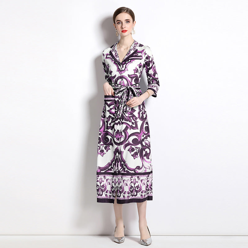 CM-DY048472 Women Elegant European Style All-Over Print Collar Neckline Short Sleeve Mid-Length Dress - Purple