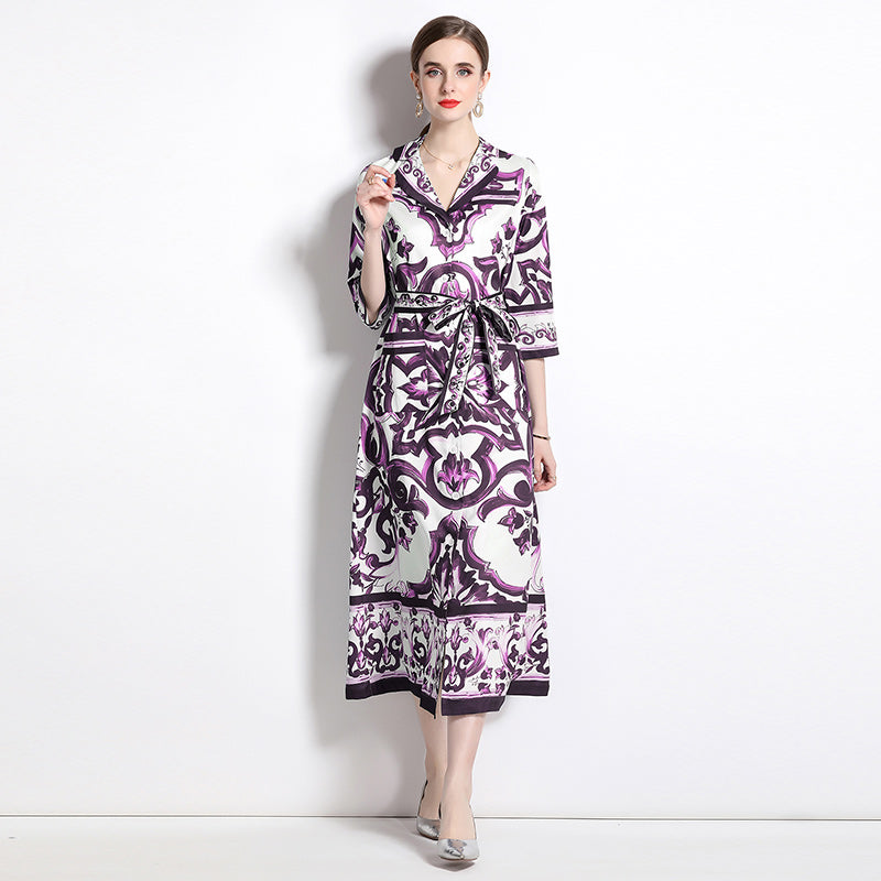 CM-DY048472 Women Elegant European Style All-Over Print Collar Neckline Short Sleeve Mid-Length Dress - Purple