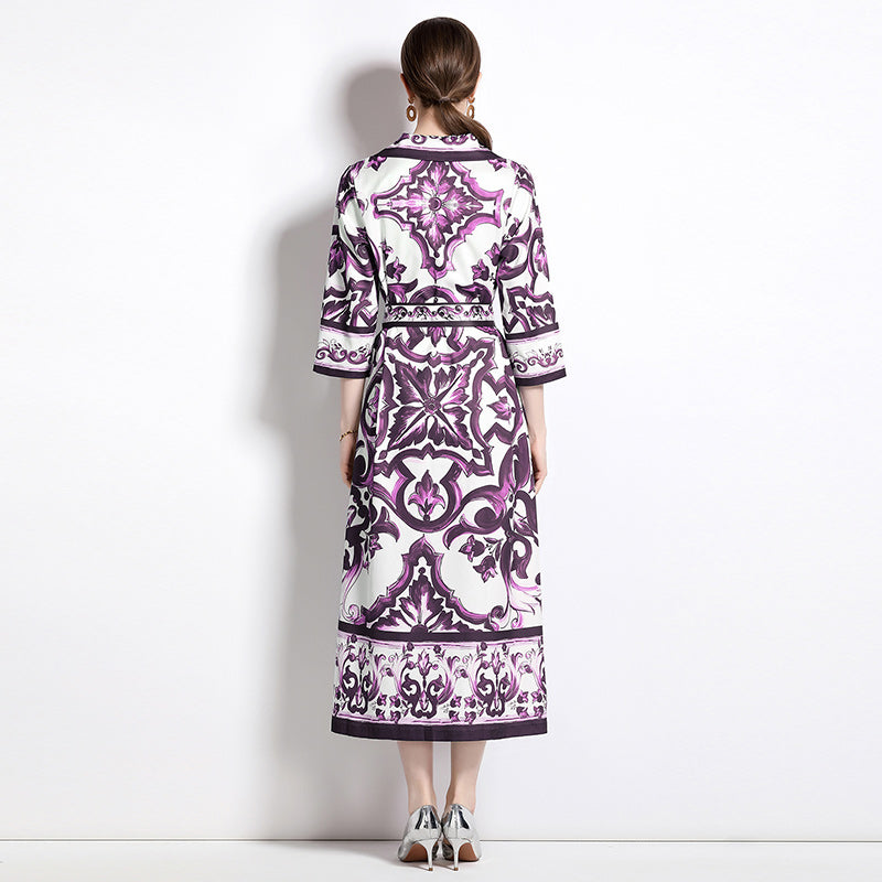 CM-DY048472 Women Elegant European Style All-Over Print Collar Neckline Short Sleeve Mid-Length Dress - Purple