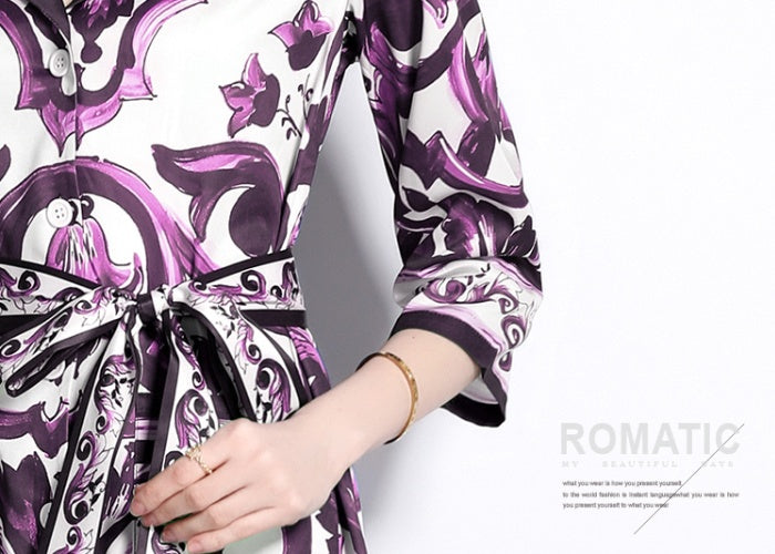 CM-DY048472 Women Elegant European Style All-Over Print Collar Neckline Short Sleeve Mid-Length Dress - Purple