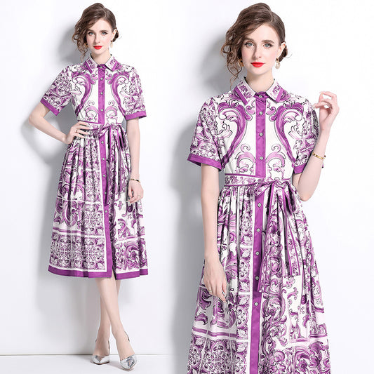 CM-DY048474 Women Elegant European Stlyle Collar Neckline Short Sleeve Midi Dress - Purple