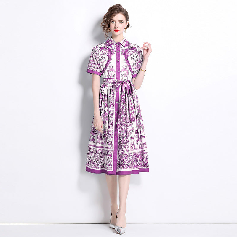 CM-DY048474 Women Elegant European Stlyle Collar Neckline Short Sleeve Midi Dress - Purple