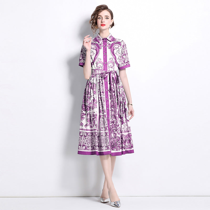 CM-DY048474 Women Elegant European Stlyle Collar Neckline Short Sleeve Midi Dress - Purple
