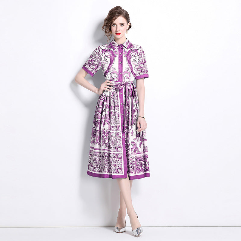 CM-DY048474 Women Elegant European Stlyle Collar Neckline Short Sleeve Midi Dress - Purple