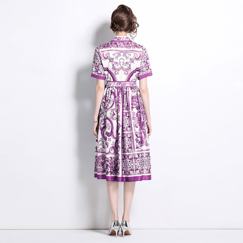 CM-DY048474 Women Elegant European Stlyle Collar Neckline Short Sleeve Midi Dress - Purple