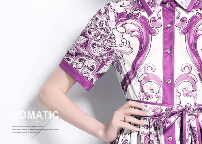 CM-DY048474 Women Elegant European Stlyle Collar Neckline Short Sleeve Midi Dress - Purple