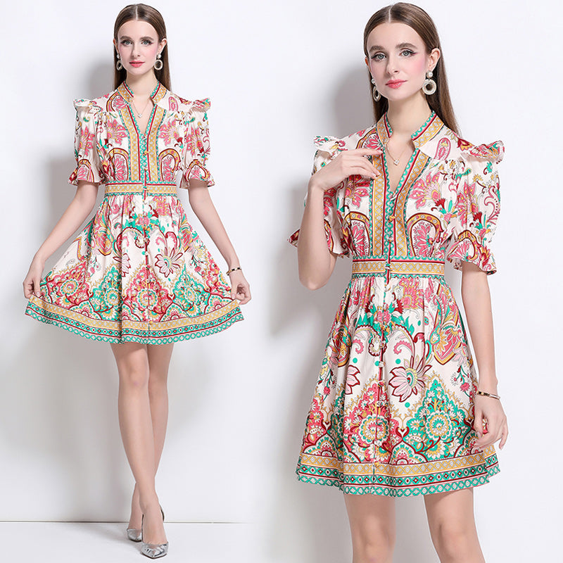 CM-DY048615 Women Elegant European Style Floral Prints V-Neck Short Sleeve Mini Dress