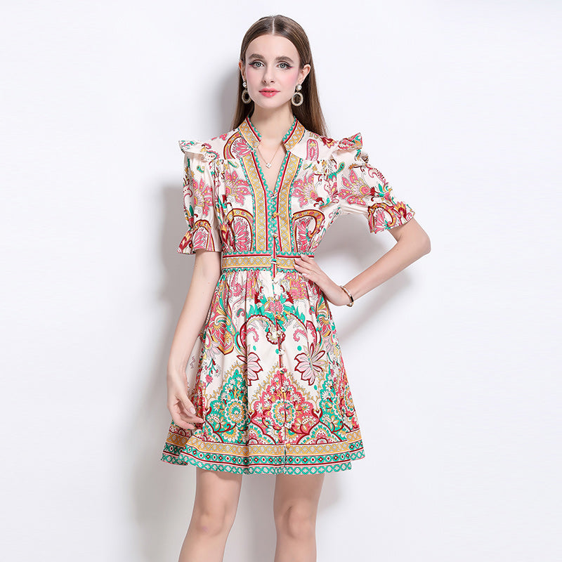 CM-DY048615 Women Elegant European Style Floral Prints V-Neck Short Sleeve Mini Dress