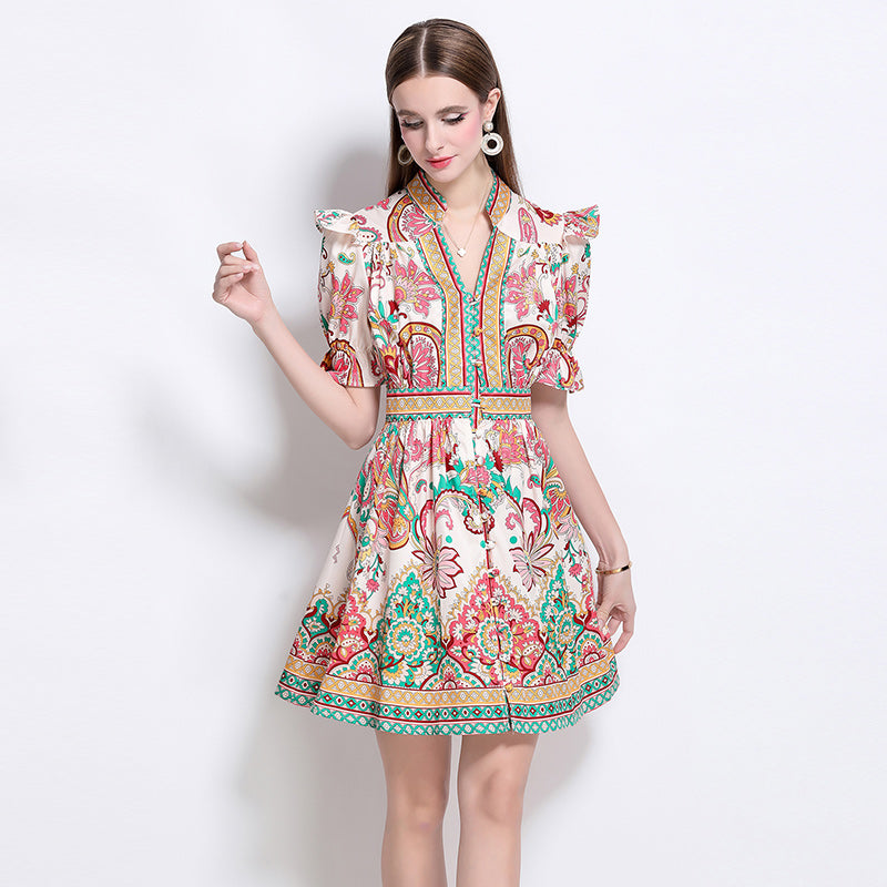 CM-DY048615 Women Elegant European Style Floral Prints V-Neck Short Sleeve Mini Dress