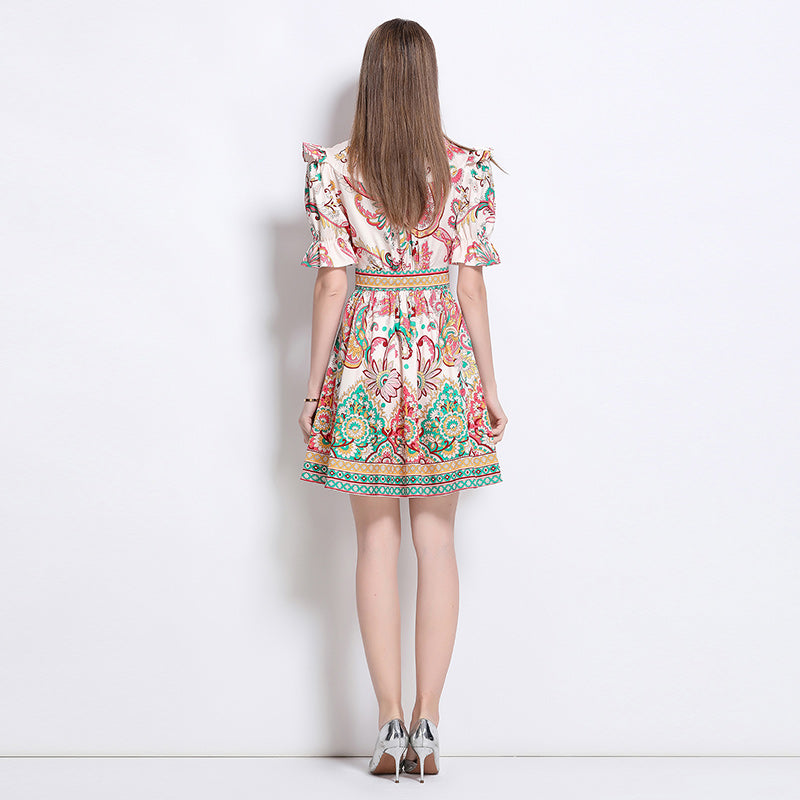 CM-DY048615 Women Elegant European Style Floral Prints V-Neck Short Sleeve Mini Dress