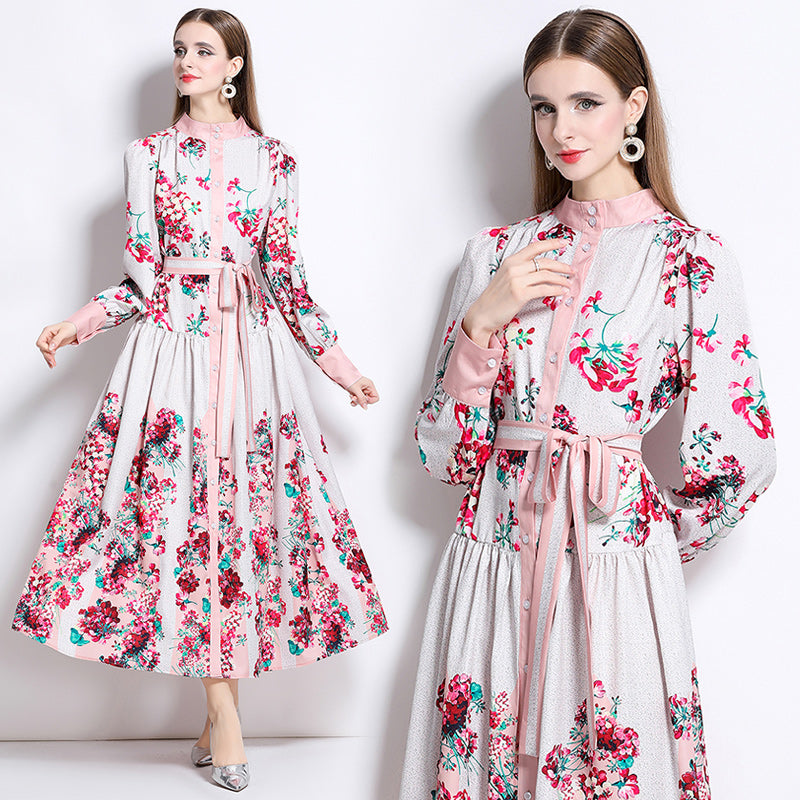 CM-DY048616 Women Elegant European Style Stand Collar Long Sleeve Floral Print Belted Midi Dress