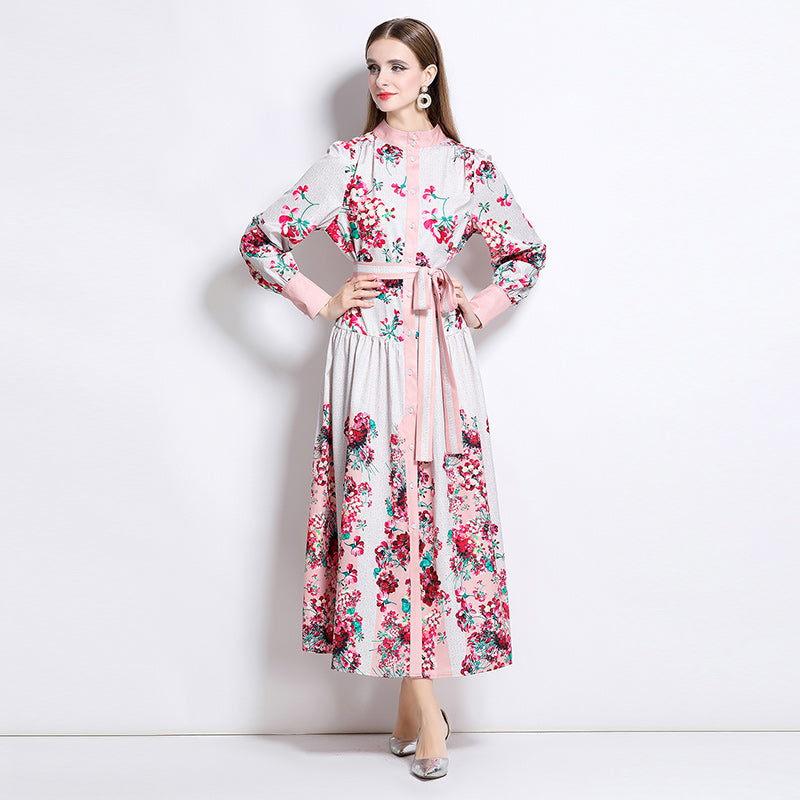 CM-DY048616 Women Elegant European Style Stand Collar Long Sleeve Floral Print Belted Midi Dress