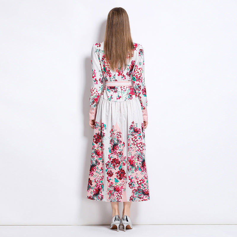CM-DY048616 Women Elegant European Style Stand Collar Long Sleeve Floral Print Belted Midi Dress