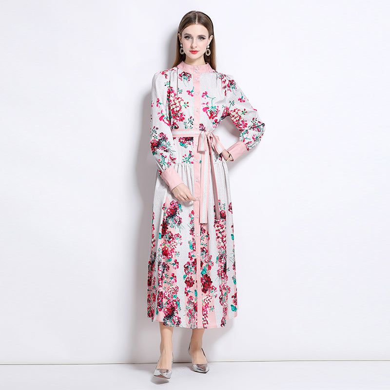 CM-DY048616 Women Elegant European Style Stand Collar Long Sleeve Floral Print Belted Midi Dress